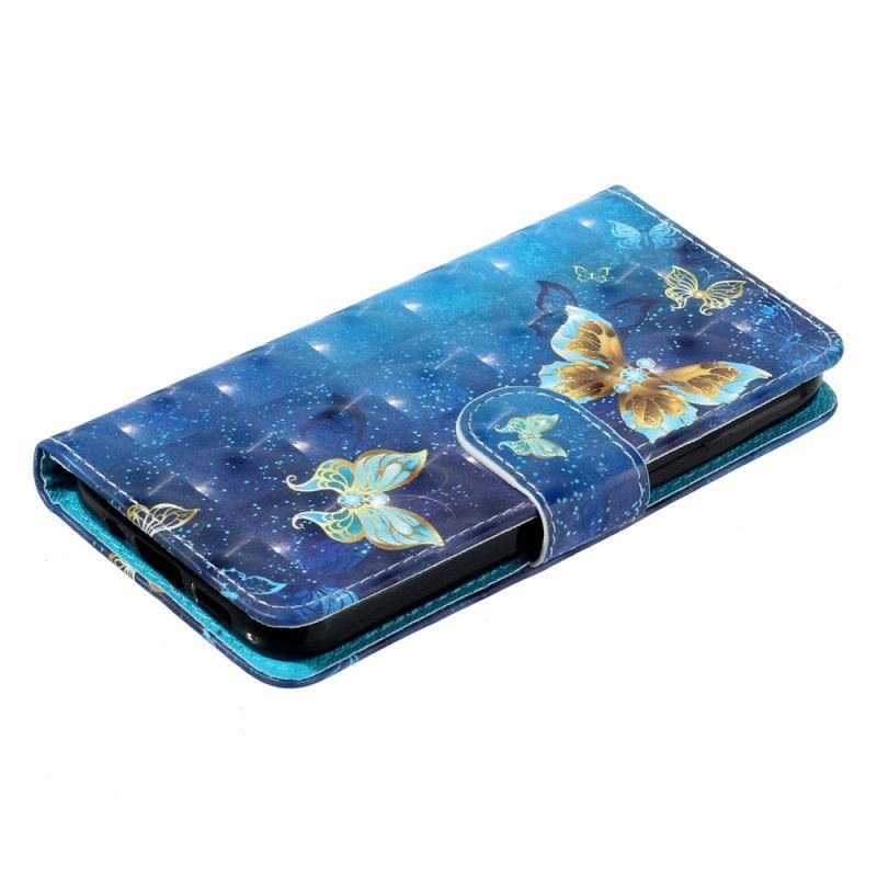 Housse Samsung Galaxy S25 FE Papillons Bleu et Or à Lanière