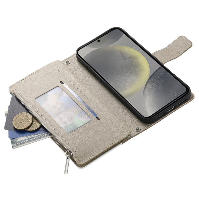 Housse Samsung Galaxy S25 FE Portefeuille Zippé en Cuir avec Sangles