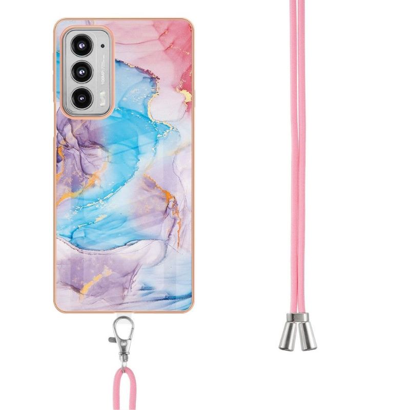 Coque Motorola Edge 20 marbre coloré bleu à cordon
