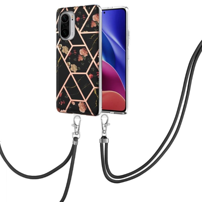 Coque Poco F3 / Xiaomi Mi 11i 5G marbre et fleurs à cordon