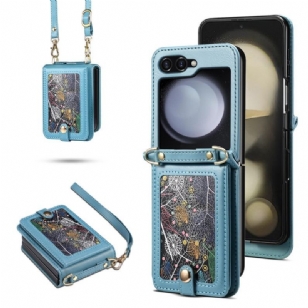 Coque Samsung Galaxy Z Flip 7 FE / Z Flip 6 Porte-Cartes et Bandoulière Marbré