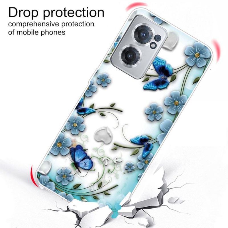Coque OnePlus Nord CE 2 5G papillons et fleurs bleus