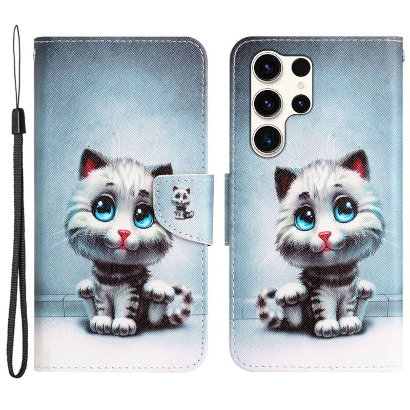 Housse Samsung Galaxy S24 Ultra 5G Chat aux Yeux Bleus à Lanière