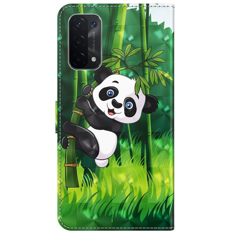 Housse Oppo A54 5G / A74 5G Panda et Bambou à Lanière