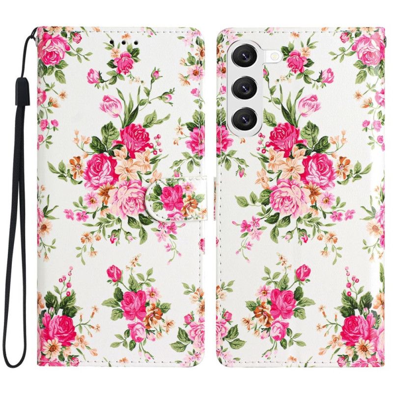 Housse Samsung Galaxy S24 Plus 5G Fleurs Rouges à Lanière