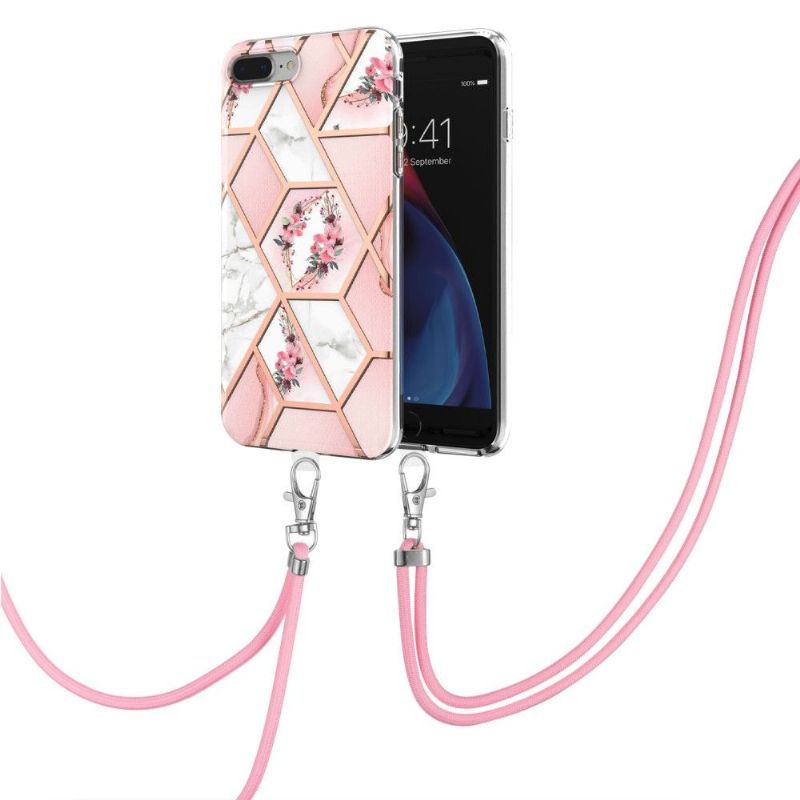 Coque iPhone 8 Plus / 7 Plus marbre et couronne de fleurs à cordon