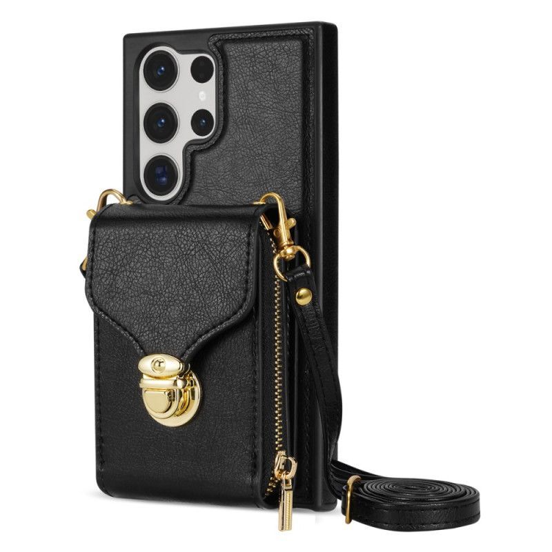 Coque Samsung Galaxy S25 Ultra 5G Portefeuille à Fermeture Éclair et Bandoulière