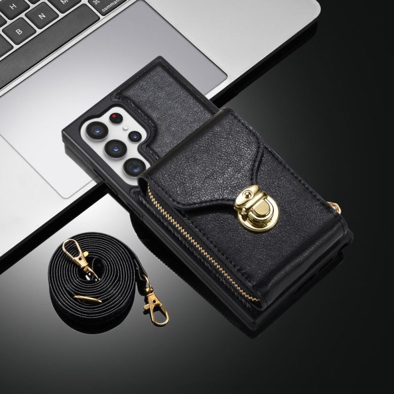 Coque Samsung Galaxy S25 Ultra 5G Portefeuille à Fermeture Éclair et Bandoulière