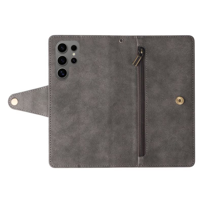 Housse Samsung Galaxy S25 Ultra 5G Portefeuille Effet Daim avec Lanière