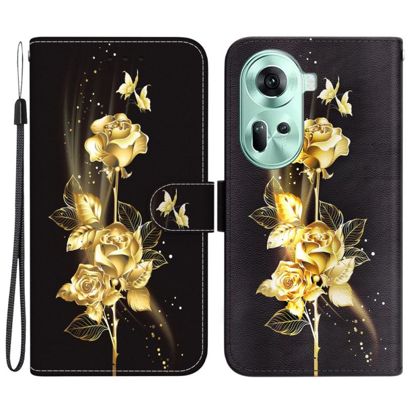 Housse Oppo Reno 11 5G Papillons Dorés et Roses à Lanière