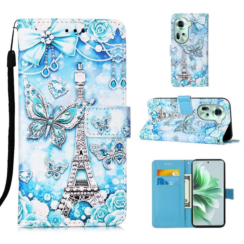 Housse Oppo Reno 11 5G Tour Eiffel et Papillons à Lanière