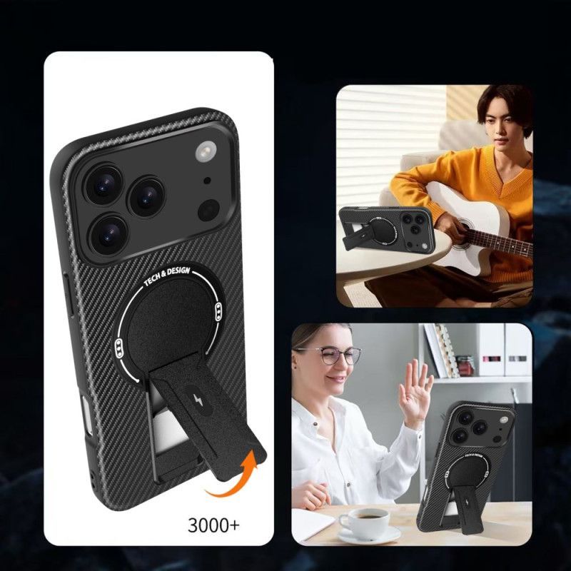 Coque iPhone 17 Pro Max Texture Fibre Carbone avec Béquille