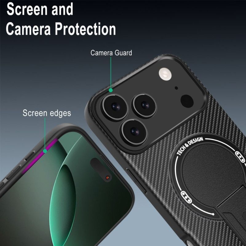 Coque iPhone 17 Pro Max Texture Fibre Carbone avec Béquille