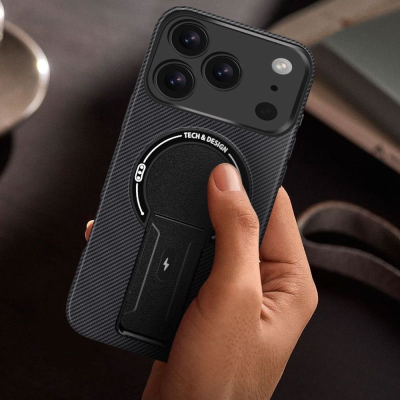 Coque iPhone 17 Pro Max Texture Fibre Carbone avec Béquille