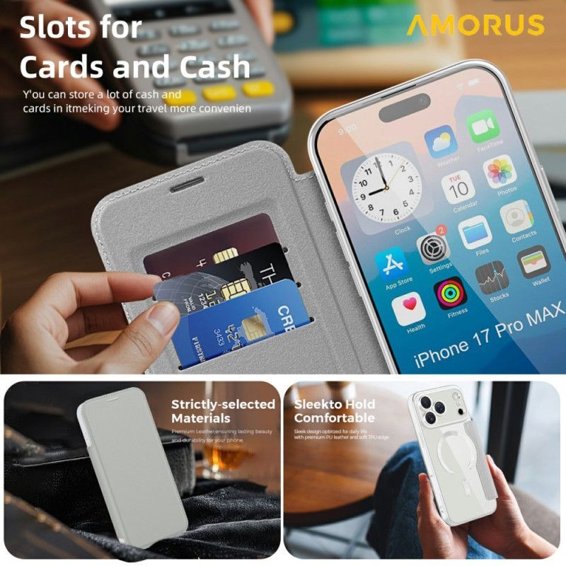 Flip Cover iPhone 17 Pro Max Compatible MagSafe avec Porte-Cartes RFID