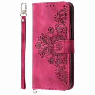 Housse Xiaomi 15 Pro Effet Daim Motif Floral à Lanière et Bandoulière