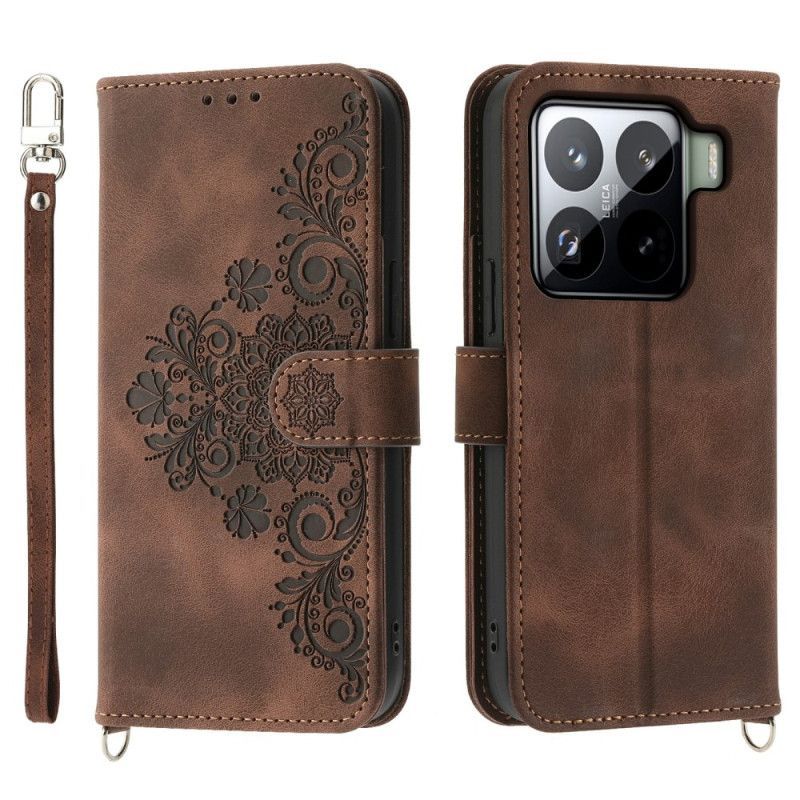 Housse Xiaomi 15 Pro Effet Daim Motif Floral à Lanière et Bandoulière