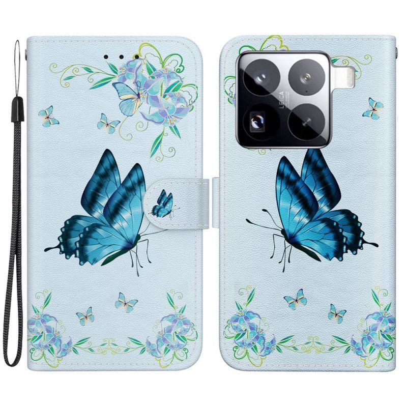 Housse Xiaomi 15 Pro Papillon et Fleurs Bleues