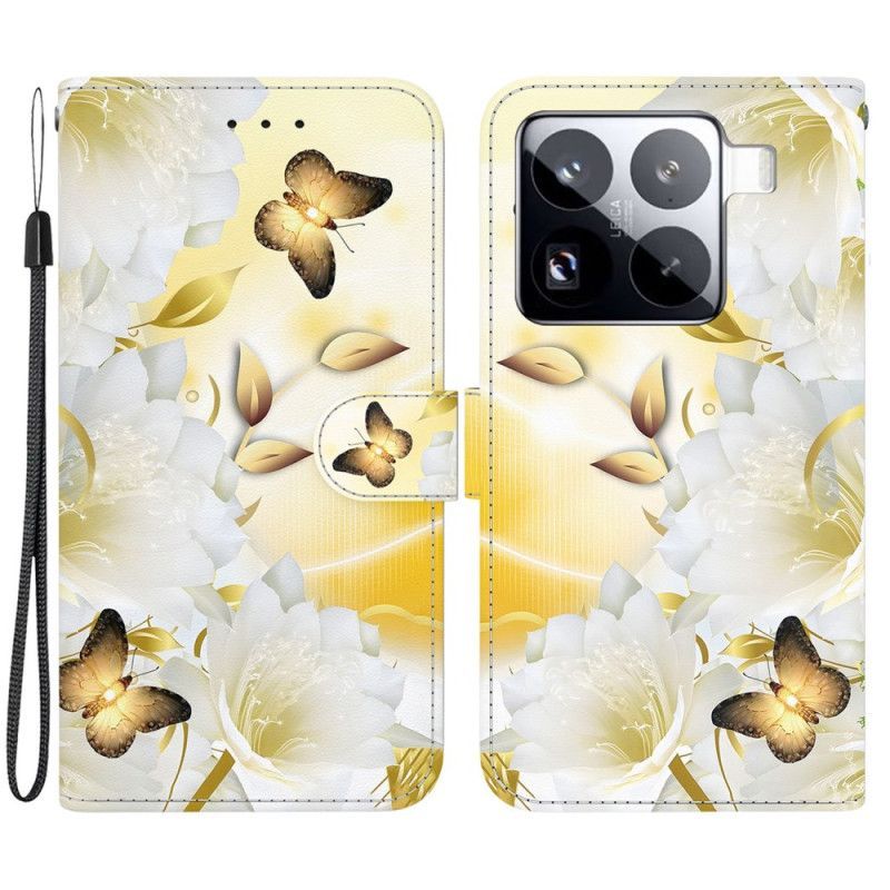 Housse Xiaomi 15 Pro Papillons Dorés et Fleurs Blanches