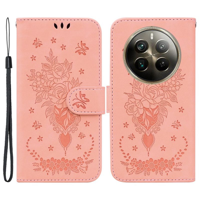 Housse Realme 12 Pro / 12 Pro Plus Roses et Papillons à Lanière