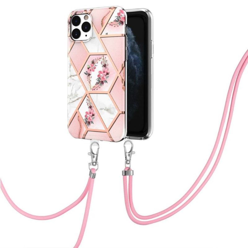 Coque iPhone 11 Pro Max à cordon marbre et couronne de fleurs
