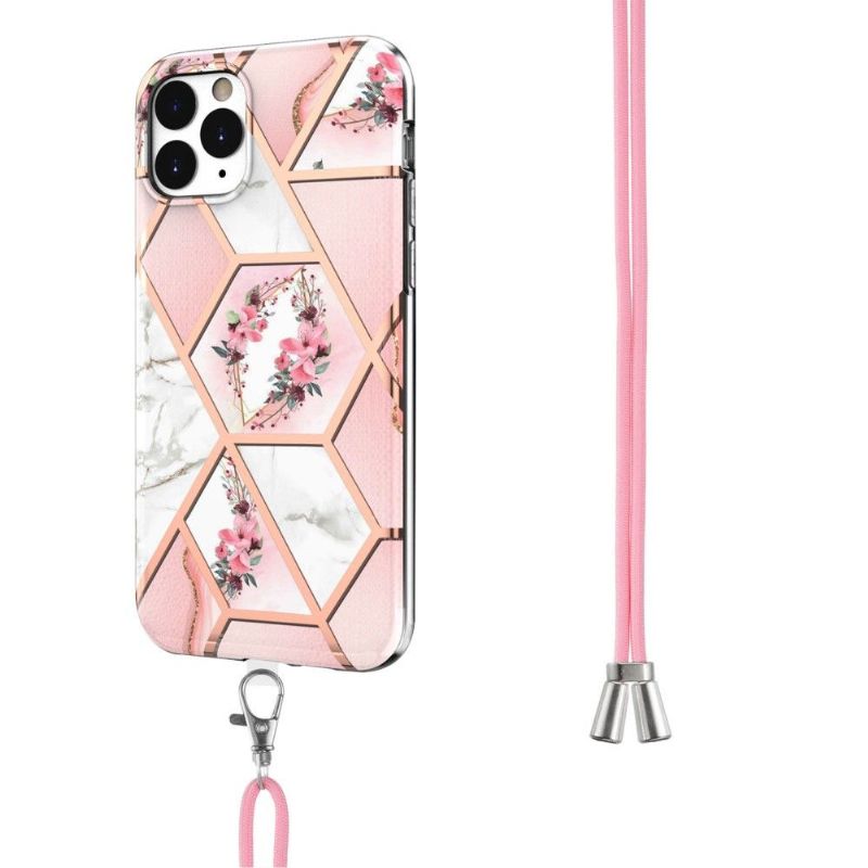 Coque iPhone 11 Pro Max à cordon marbre et couronne de fleurs