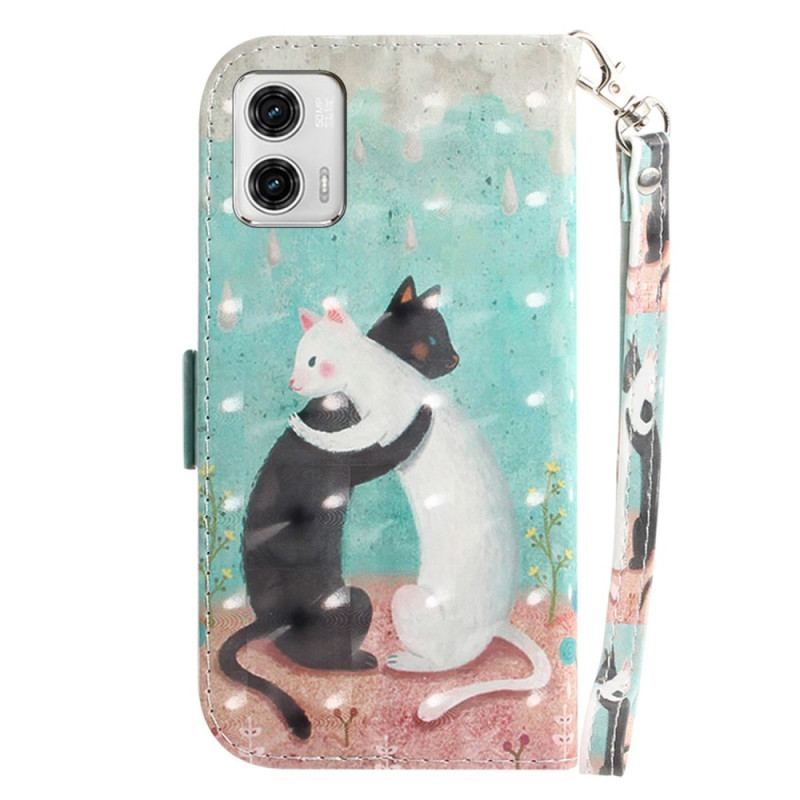 Housse Moto G73 5G Chat Noir Chat Blanc à Lanière