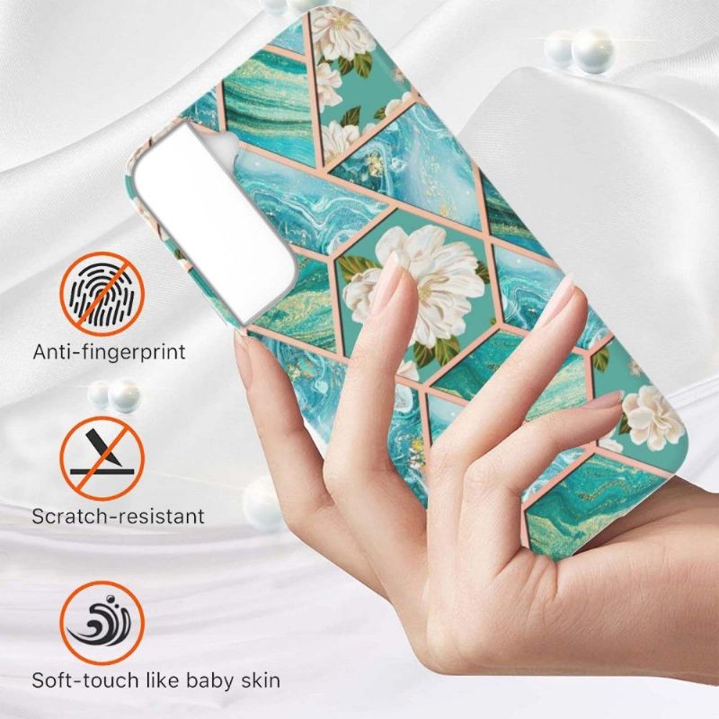 Coque Samsung Galaxy S22 Plus 5G marbre et fleurs blanches