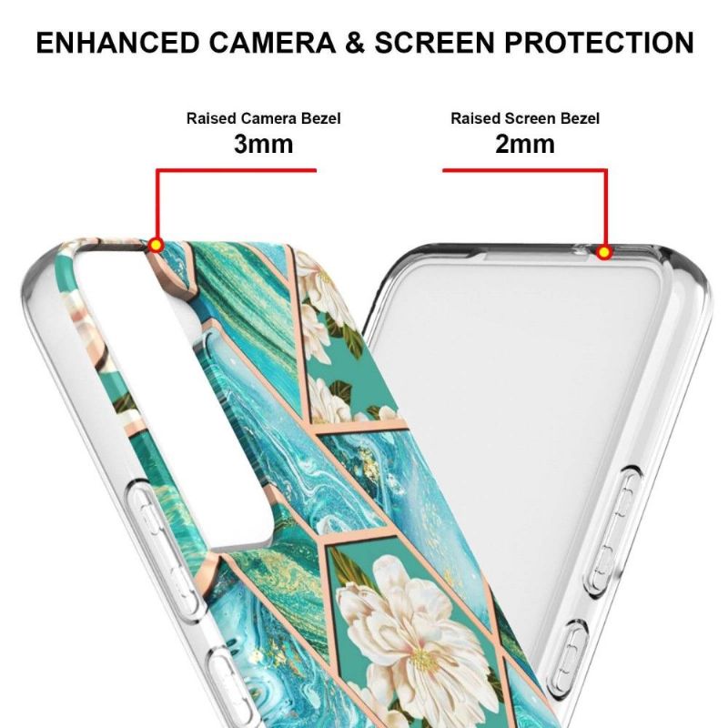 Coque Samsung Galaxy S22 Plus 5G marbre et fleurs blanches