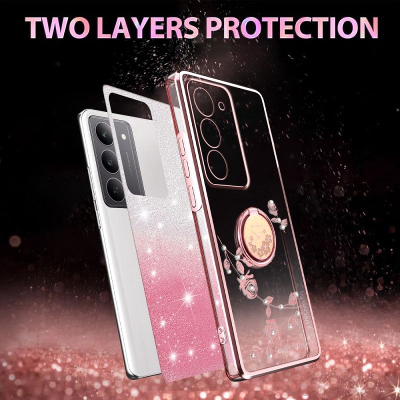 Coque Realme 14X 5G Anneau-Support Fleurs et Strass KADEM