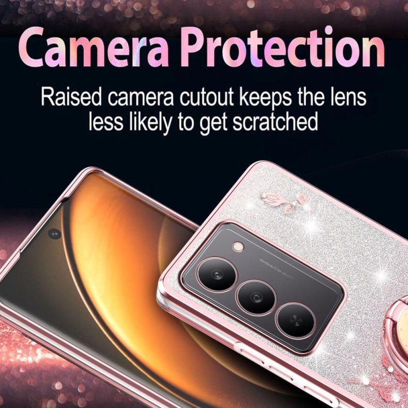 Coque Realme 14X 5G Anneau-Support Fleurs et Strass KADEM