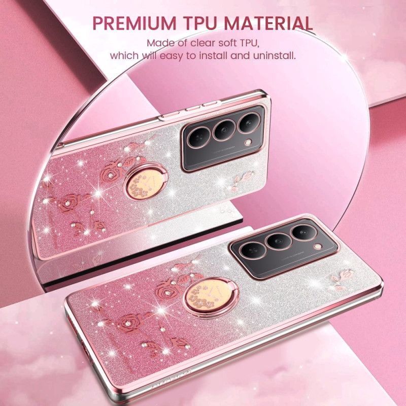 Coque Realme 14X 5G Anneau-Support Fleurs et Strass KADEM