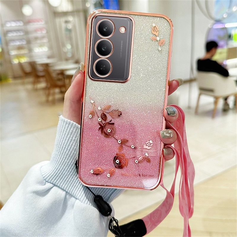 Coque Realme 14X 5G Fleurs et Strass à Lanière KADEM