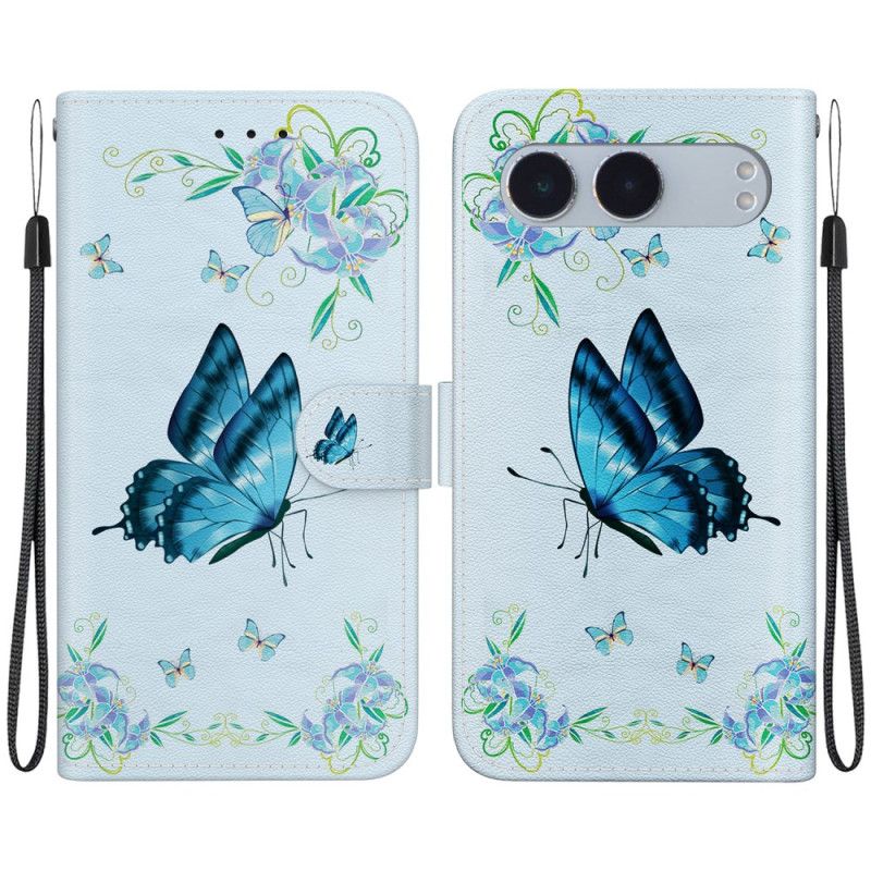 Housse OnePlus Nord 4 Papillon Bleu et Fleur à Lanière