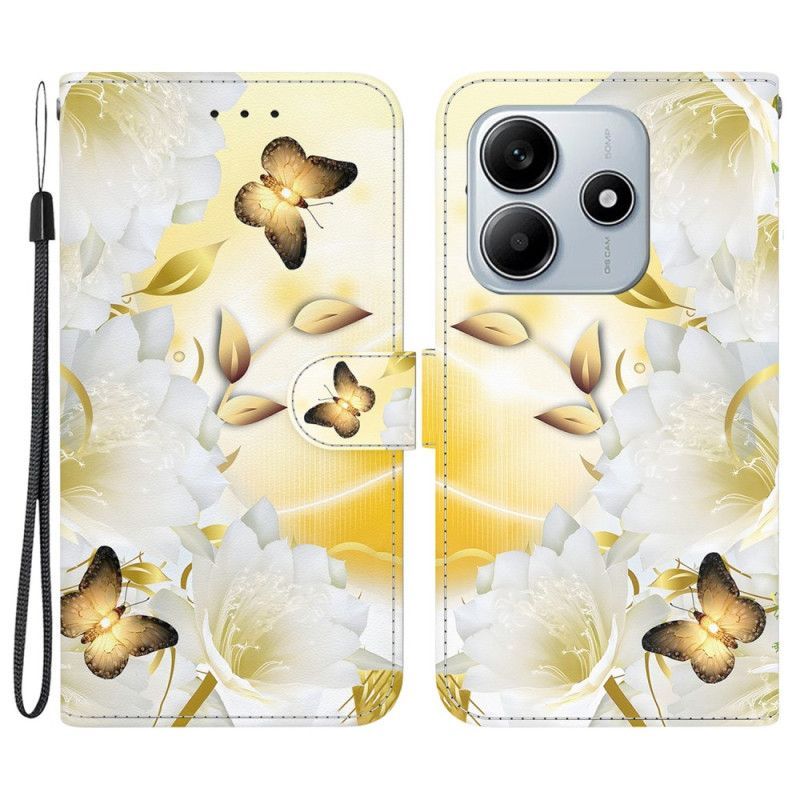 Housse Xiaomi Redmi Note 14 5G Papillon Dorés et Fleurs Blanches