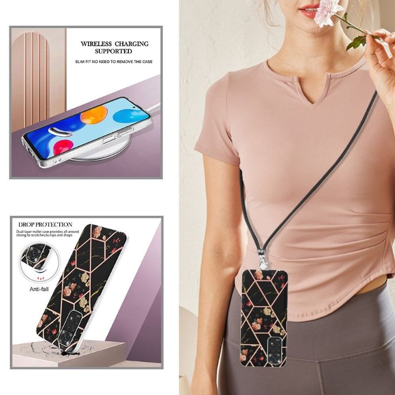 Coque Xiaomi Redmi Note 11 / 11S à cordon marbre et fleurs