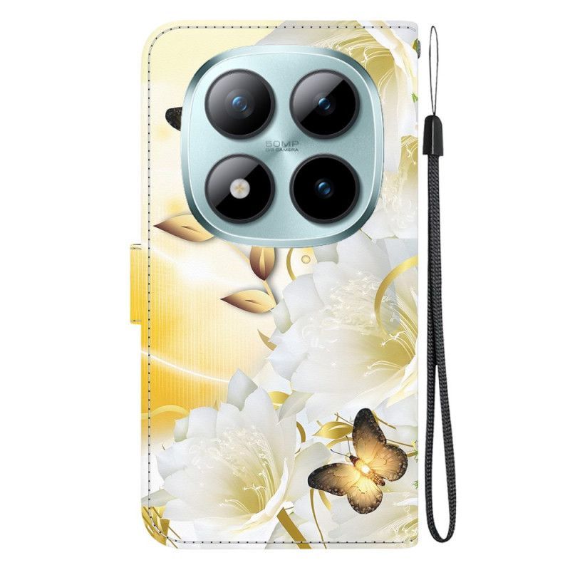 Housse Xiaomi Redmi Note 15 Pro 5G Papillons Dorés et Fleurs Blanches