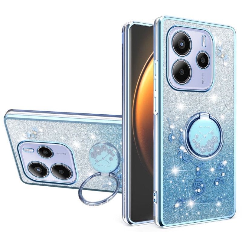 Coque Xiaomi Redmi Note 14 4G Anneau-Support Strass et Fleurs