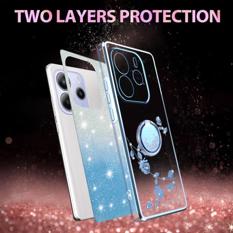 Coque Xiaomi Redmi Note 14 4G Anneau-Support Strass et Fleurs