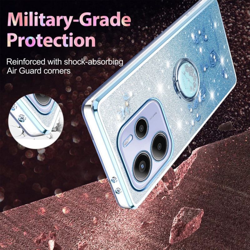 Coque Xiaomi Redmi Note 14 4G Anneau-Support Strass et Fleurs