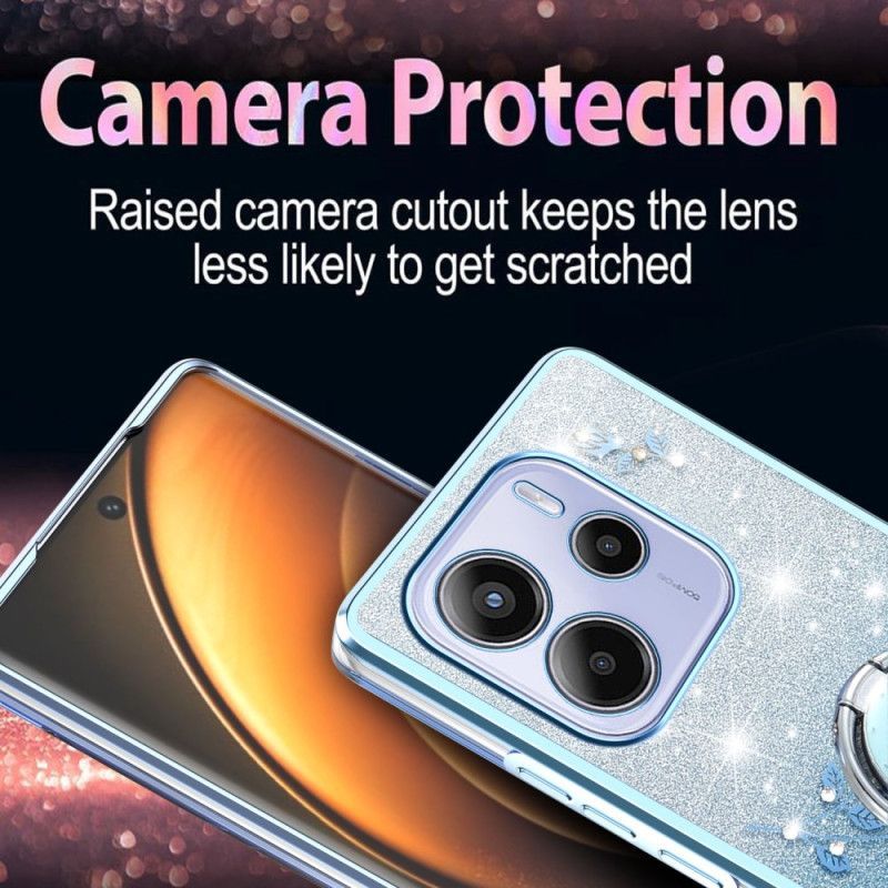 Coque Xiaomi Redmi Note 14 4G Anneau-Support Strass et Fleurs