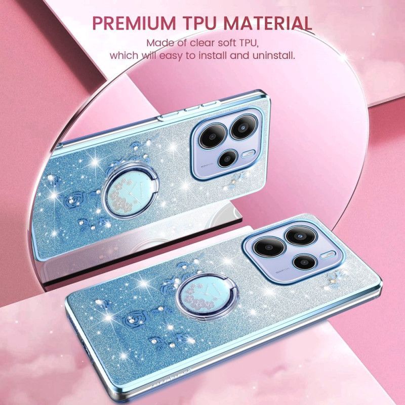 Coque Xiaomi Redmi Note 14 4G Anneau-Support Strass et Fleurs