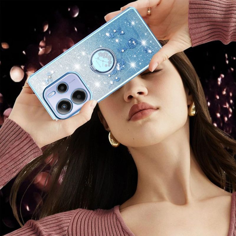Coque Xiaomi Redmi Note 14 4G Anneau-Support Strass et Fleurs