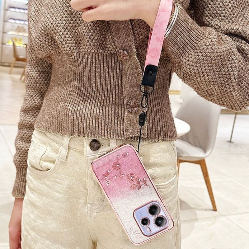 Coque Xiaomi Redmi Note 14 4G Strass et Fleurs à Lanière