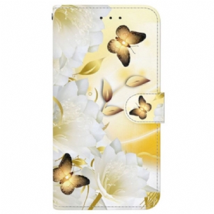 Housse Xiaomi Redmi Note 14 4G Papillons Dorés et Fleurs