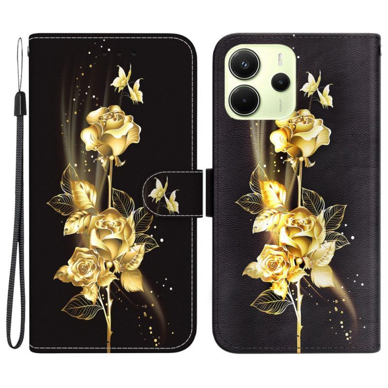 Housse Xiaomi Redmi Note 14 4G Papillons Dorés et Roses