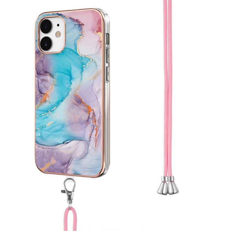 Coque iPhone 12 mini marbre coloré bleu à cordon