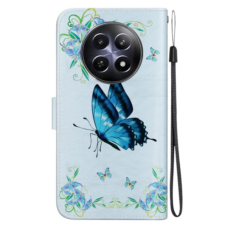 Housse Realme 12 5G / 12X 5G Papillon Bleu et Fleurs à Lanière