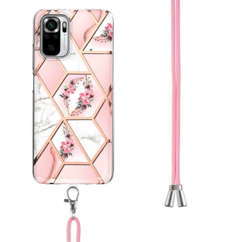 Coque Xiaomi Redmi Note 10 / Note 10s marbre et couronne de fleurs à cordon