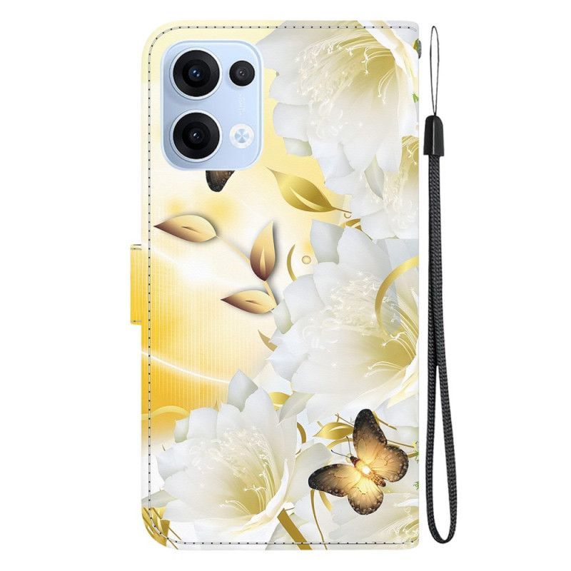 Housse Oppo Reno 13 5G Papillons Dorés et Fleurs Blanches